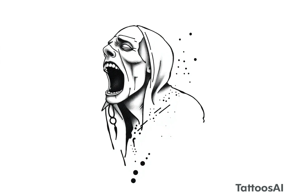 Confusion and pressure in thin lines on screaming solo traveler with no face with his skin ripped left on the path he passed tattoo idea
