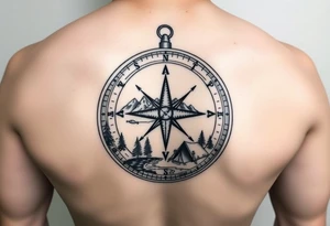 Open compass, bottom half with mountains, trees, stream, and tent. The S of the compass should be a fishing lure tattoo idea
