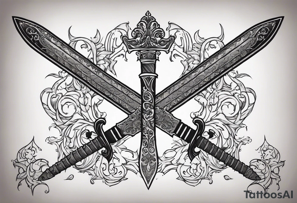 Sketch of a sword in gothic style with added creepy elements and the inscription “get rich” tattoo idea