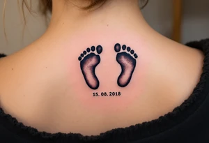 Baby footprints in black ink with the child’s birth date 15. 08. 2018 in soft blue or pink beneath commemorate a mother’s most treasured moment. tattoo idea