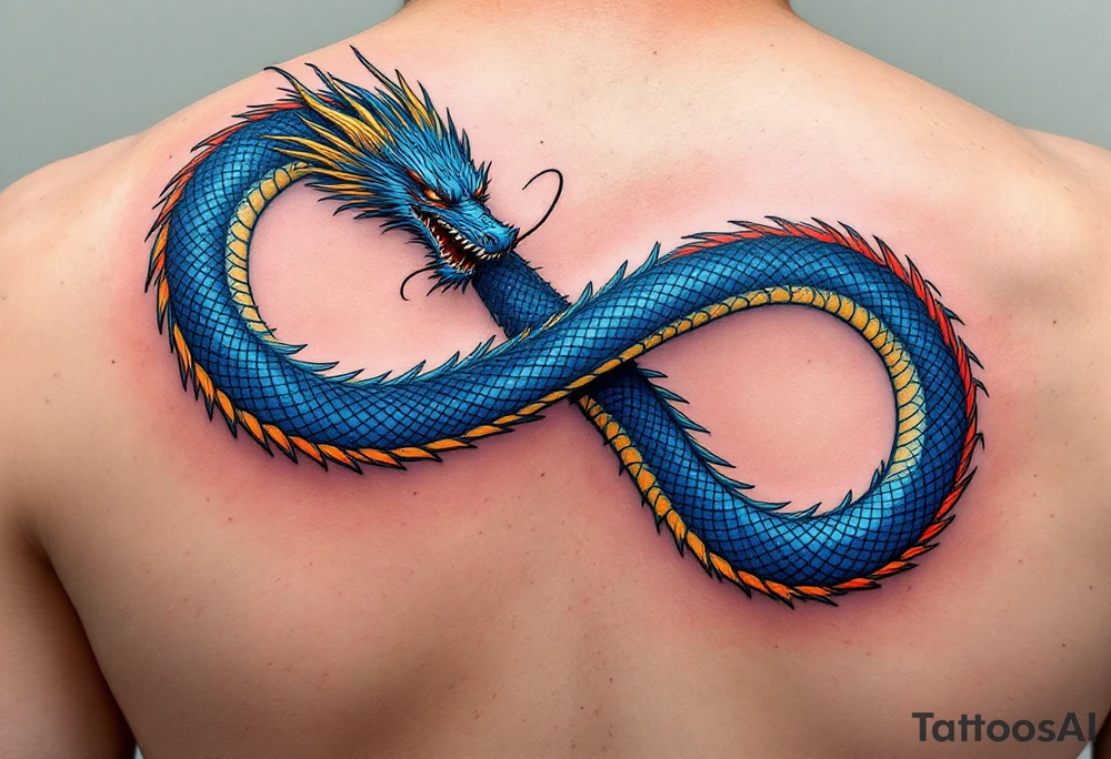 The design features a dragon coiled into the shape of the infinity symbol (sideways number "8"). The dragon is depicted eating its own tail, symbolizing eternity and continuity (Ouroboros-inspired).

Details:

The dragon's body should be slightly thicker for a more powerful and robust look.
Its vibrant blue scales should include subtle patterns in red and yellow, creating a striking contrast while maintaining elegance.
Style:

The dragon’s texture should remain smooth and glossy, emphasizing its detailed scales and flowing form.
The focus is entirely on the dragon, keeping the background minimalistic for a clean, modern aesthetic. tattoo idea