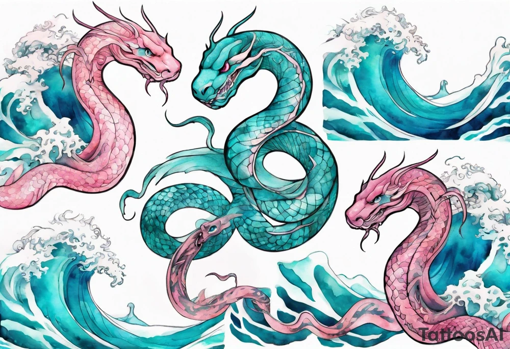 a pretty turquoise pink and white serpent rising from the blue waves of the ocean tattoo idea