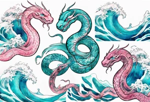 a pretty turquoise pink and white serpent rising from the blue waves of the ocean tattoo idea