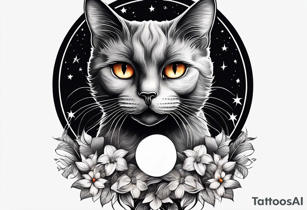 Photo realistic black cat head with moon and stars tattoo idea