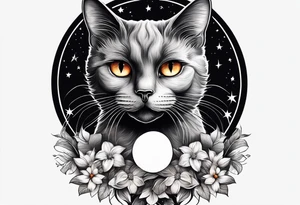 Photo realistic black cat head with moon and stars tattoo idea