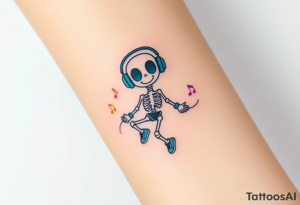 Cute smiley skeleton with heart shape eyes  jumping on a jump rope with both hands blue headphones blue armbands blue sneakers and colorful  music notes around his head tattoo idea