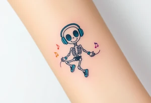 Cute smiley skeleton with heart shape eyes  jumping on a jump rope with both hands blue headphones blue armbands blue sneakers and colorful  music notes around his head tattoo idea