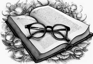 both objects floating 
open hard back book. large round glasses
reading it tattoo idea
