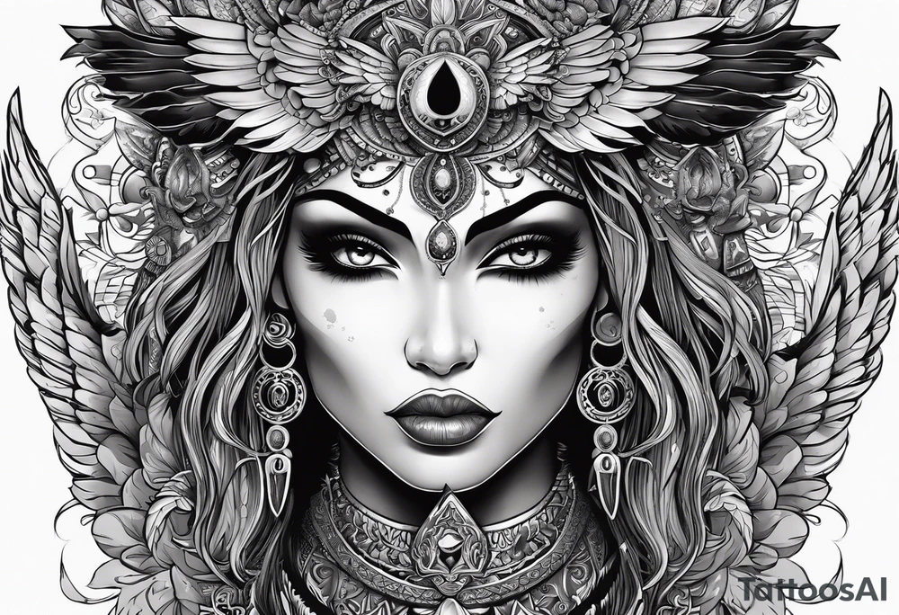 black kali, goddess pirate, alien, pachamama, valkrye, warrior, skull, lotus azul, wing, eagle, zenza resonance, stars, 5D tattoo idea