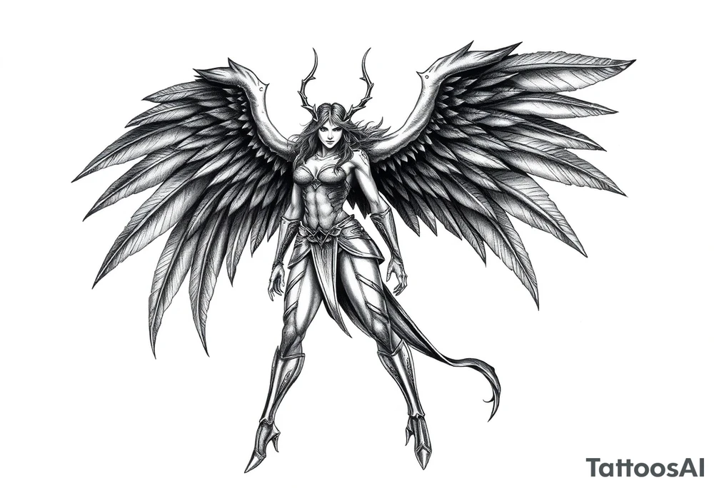 A fierce looking Valkyrie with very big dark wings. The whole body with legs should be visible tattoo idea