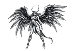 A fierce looking Valkyrie with very big dark wings. The whole body with legs should be visible tattoo idea