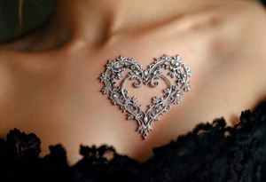 A delicate lace heart, embroidered in shimmering silver, casting soft shadows on the skin for a realistic fabric effect. tattoo idea