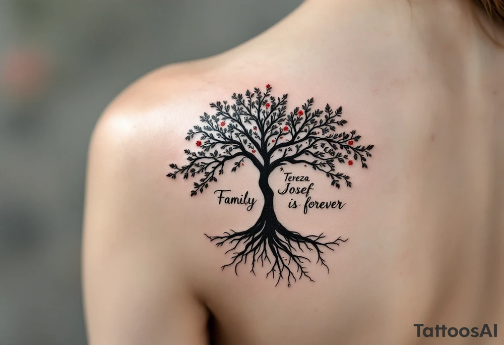 Tree shaped like a human silhouette, trunk forming the body, branches as arms. Names "Tereza, Adam, Josef, Klára"  spiraling up the limbs, roots forming “Family is forever” in script. Black and gray realism with subtle red accents. tattoo idea
