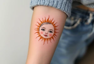A stylized sun with the son’s toddler face subtly etched in gold and burnt orange rays. tattoo idea
