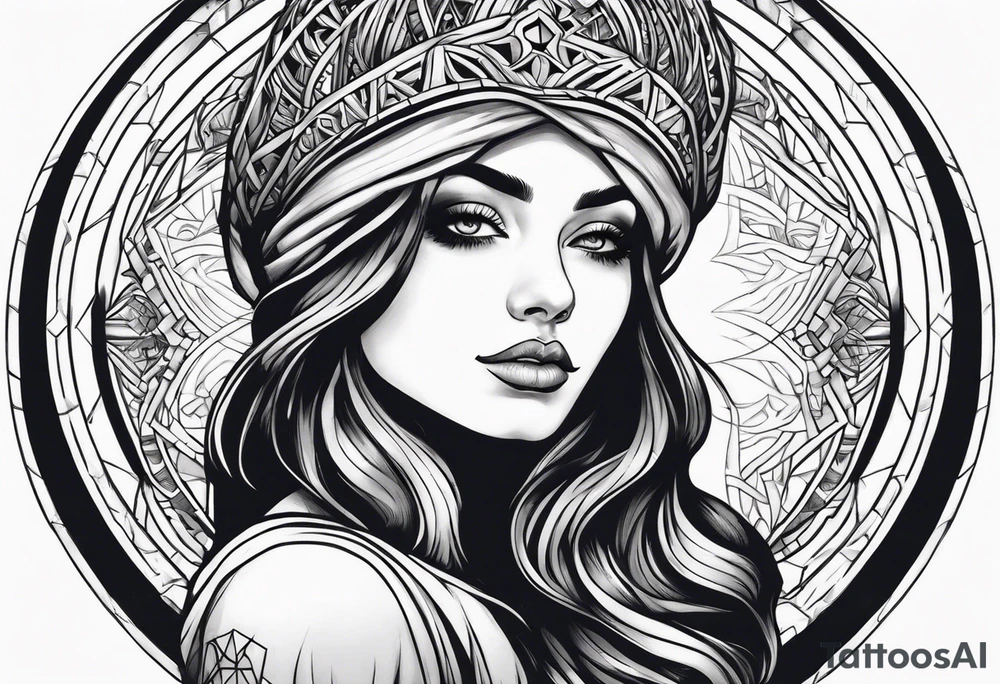 Woman holding fiery ball of divinity over her head tattoo idea