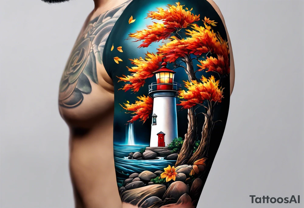 Arm sleeve with fall colors, various flowers, water flow, water splash, light house, rocks tattoo idea