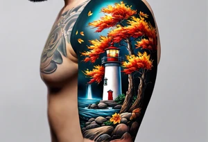 Arm sleeve with fall colors, various flowers, water flow, water splash, light house, rocks tattoo idea