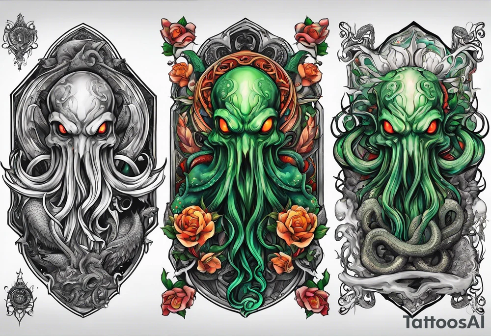 Cthulhu arm sleeve with other eldritch beasts tattoo idea