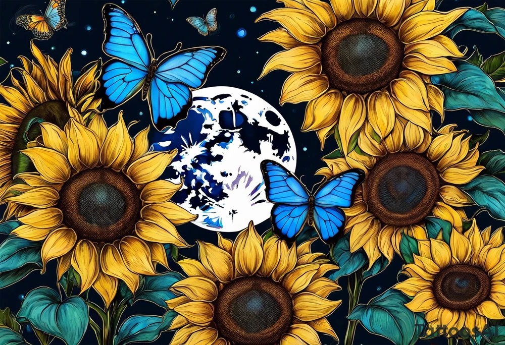 Full moon, blue morpho butterflies and sunflowers. tattoo idea