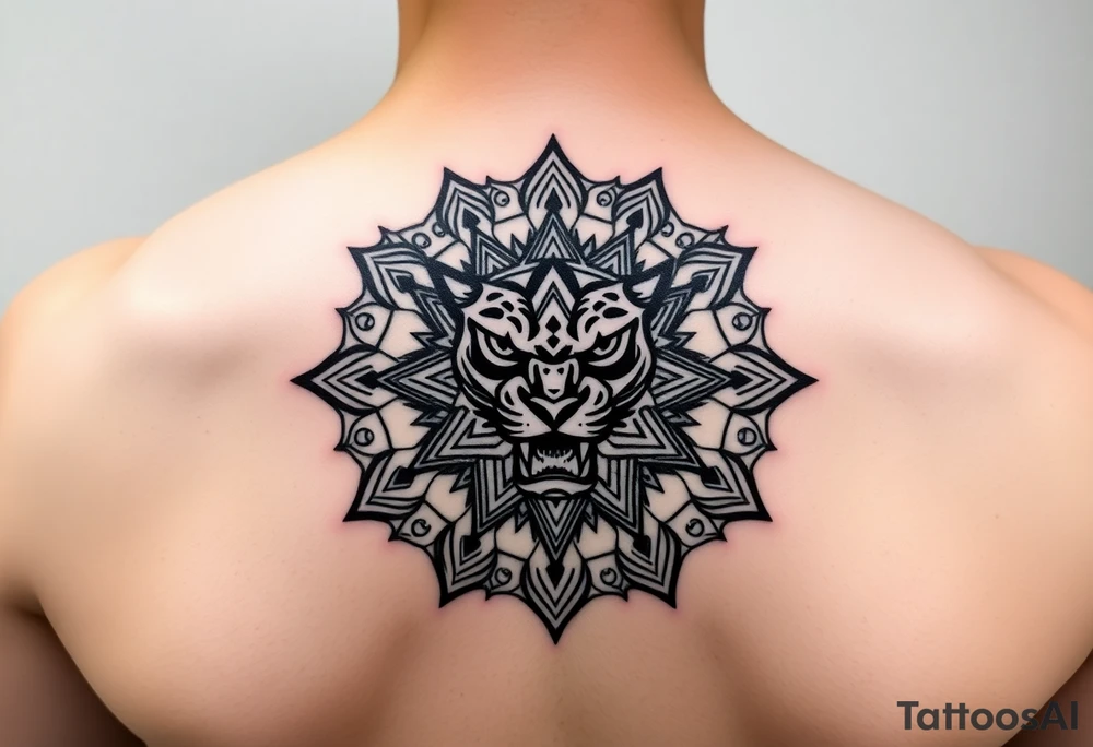 intricate mandala with a sacred panther with geometry and cosmic elements tattoo idea