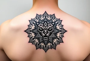 intricate mandala with a sacred panther with geometry and cosmic elements tattoo idea