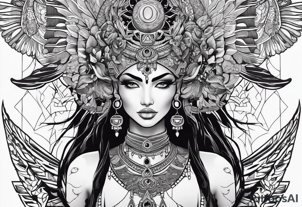 kali, alien goddess, valkrye, zenza, lotus, wing, pachamama, tattoo idea