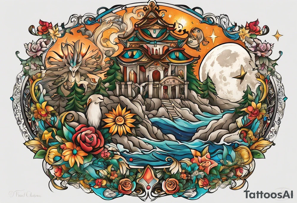 A tattoo design inspired by southern Italian folklore tales, incorporating mystical creatures and celestial objects such as moons and stars, reflecting the client's love for folklore and celestial objects. tattoo idea
