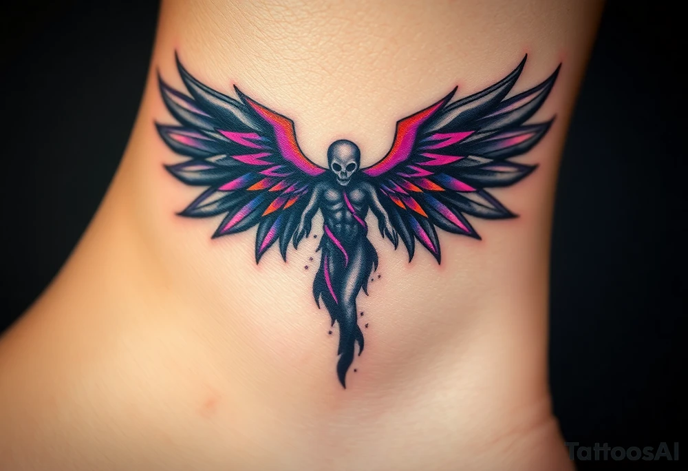 An abstract angel of death emerging from smoke, its wings composed of fragmented dark shards, glowing with neon purple and orange accents. tattoo idea