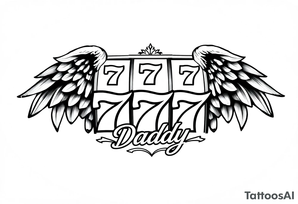 Slot machine with 777 with angel wings and word Daddy tattoo idea