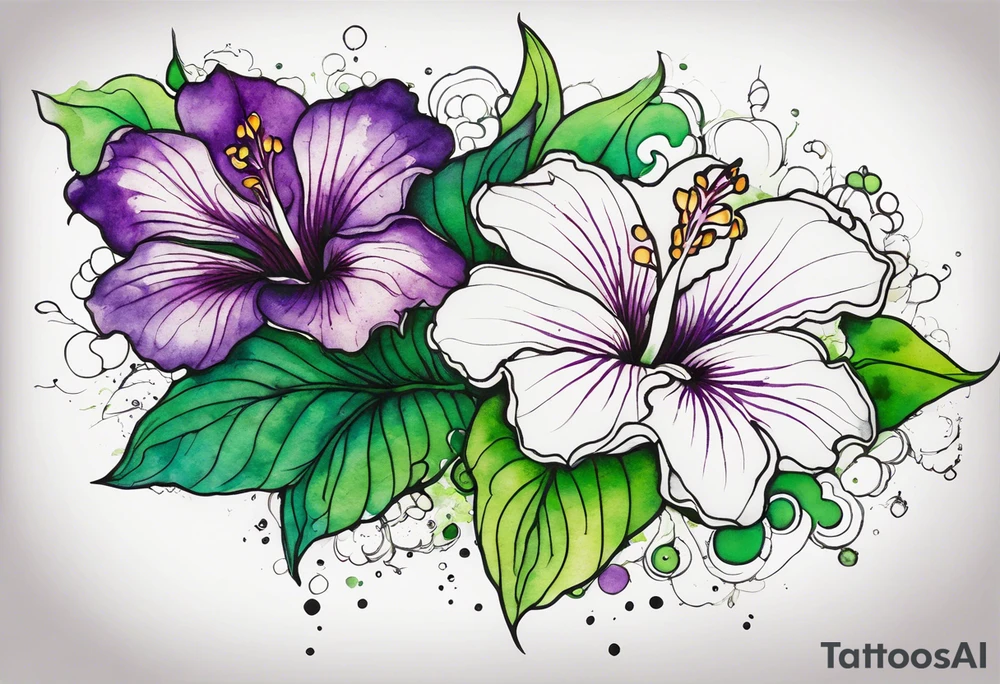 An outline of an only green rio dipladenia flower and a green and purple watercolor splash in the background tattoo idea