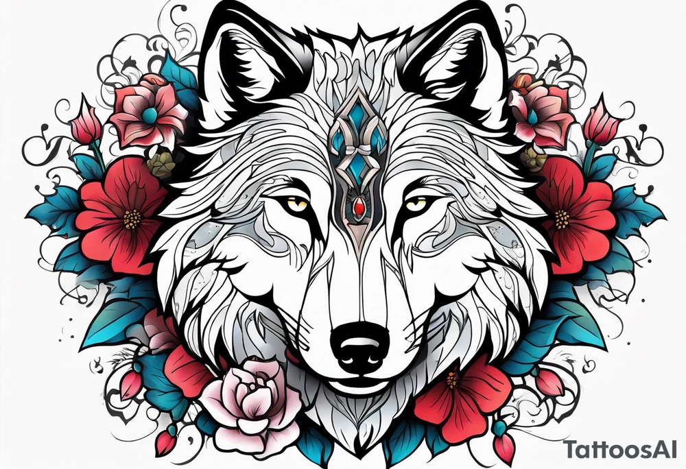 Wolf, flower, cross tattoo idea