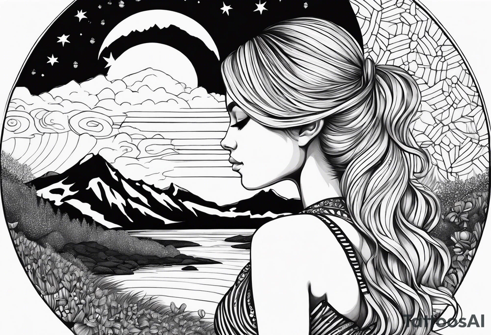 Straight blonde hair girl facing away toward mountains surrounded by mushrooms crescent moon mandala circular design black and white striped dress "8" tattoo idea