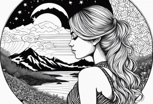 Straight blonde hair girl facing away toward mountains surrounded by mushrooms crescent moon mandala circular design black and white striped dress "8" tattoo idea