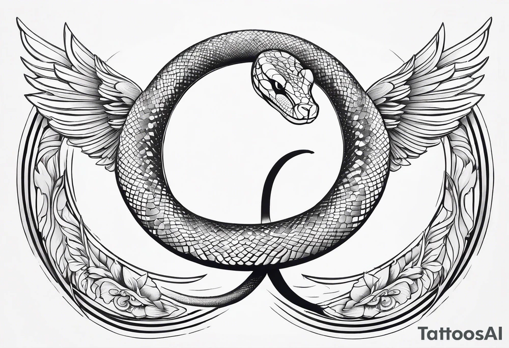 A detailed depiction of a snake with a radiant halo above its head and elegant wings extending from its sides. tattoo idea