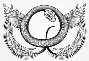 A detailed depiction of a snake with a radiant halo above its head and elegant wings extending from its sides. tattoo idea