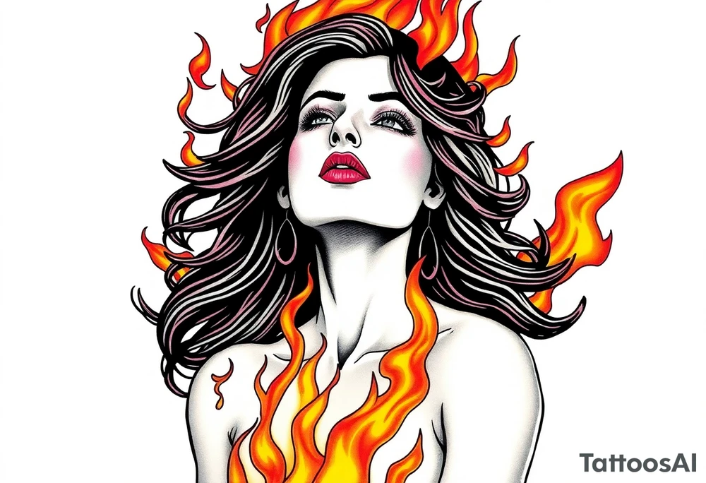 Evil young woman in the flame tattoo idea