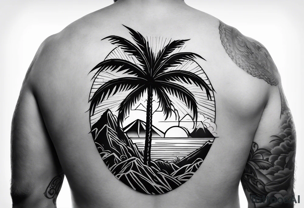 fineline tattoo of a palm tree with a volcano on the back for the arm tattoo idea