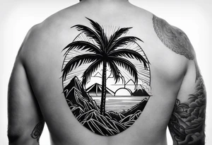fineline tattoo of a palm tree with a volcano on the back for the arm tattoo idea