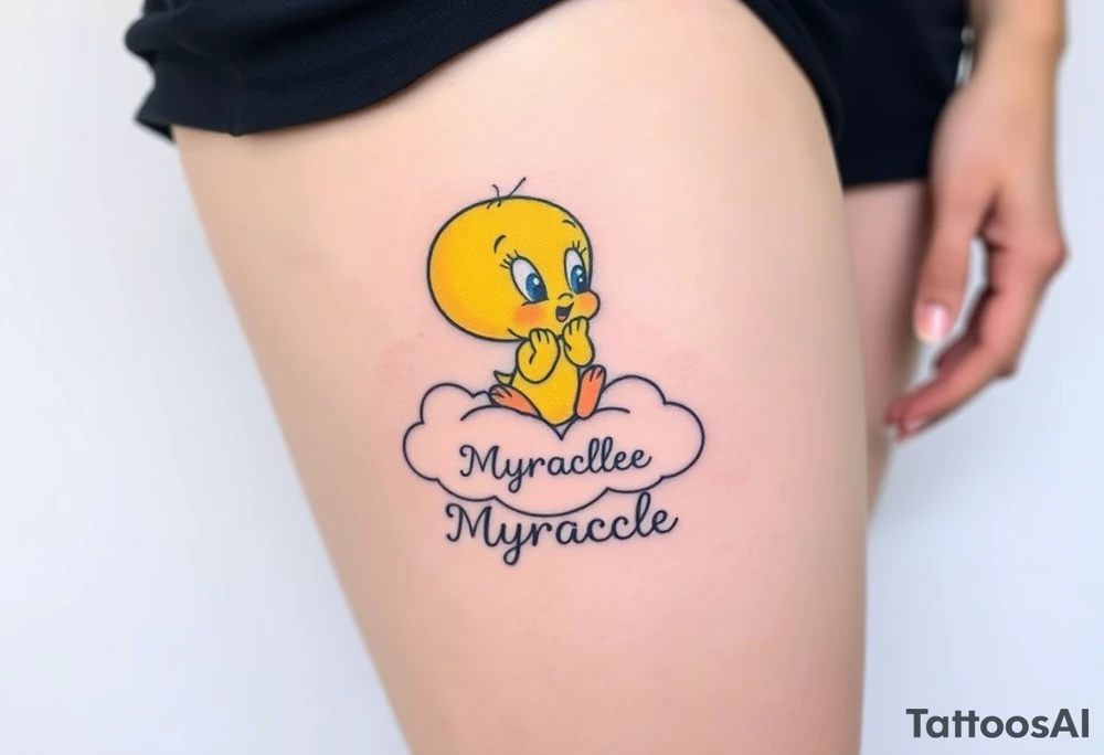Baby Tweety Bird on a cloud with his head in his hands looking up. Under the cloud in small capital letters is the name Myracle Blessing tattoo idea