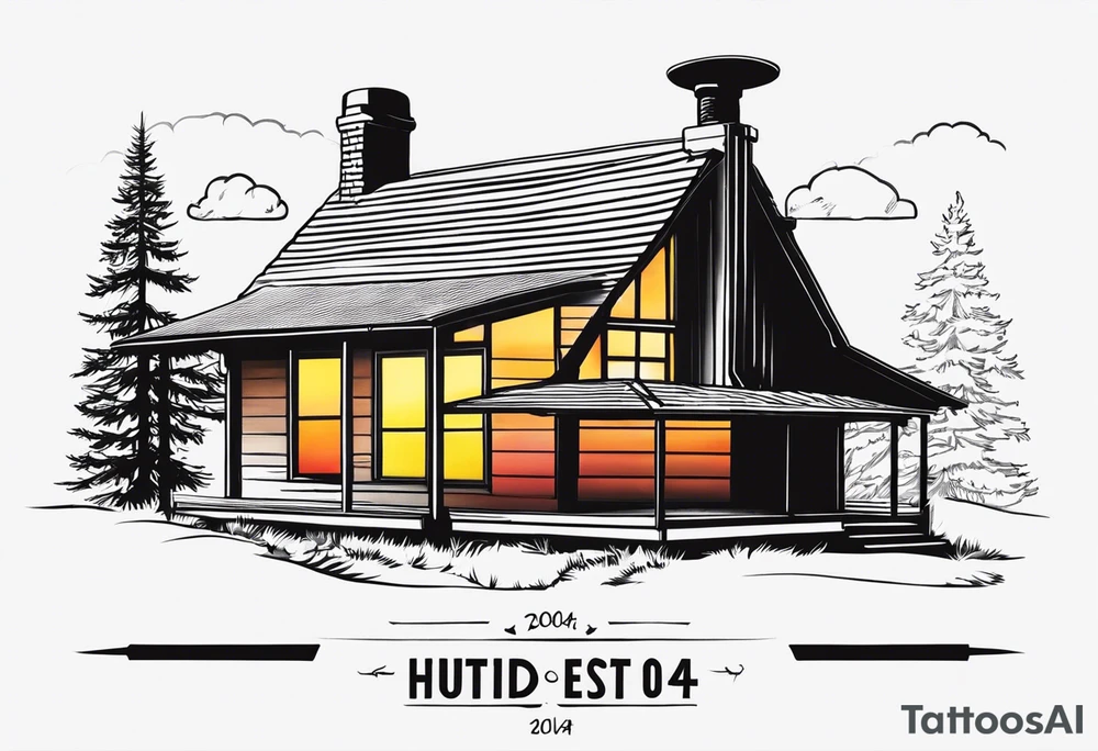 cabin chimney smoke says "Hutting Est. 2004" friends sunset tattoo idea