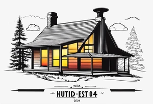 cabin chimney smoke says "Hutting Est. 2004" friends sunset tattoo idea