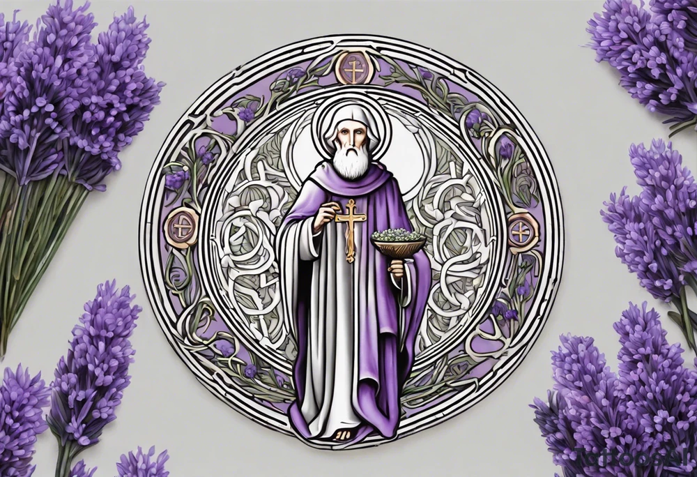 I'm looking for a custom tattoo design featuring a faithful and precise representation of the Saint Benedict medal, surrounded by delicately intertwined lavender flowers to create a harmonious and aesthetically pleasing composition. The focus should be on maintaining the authenticity of the Saint Benedict medal while incorporating the serene beauty of lavender blooms around it. The design should strike a balance that captures the symbolic essence of the medal within a visually appealing tattoo. tattoo idea