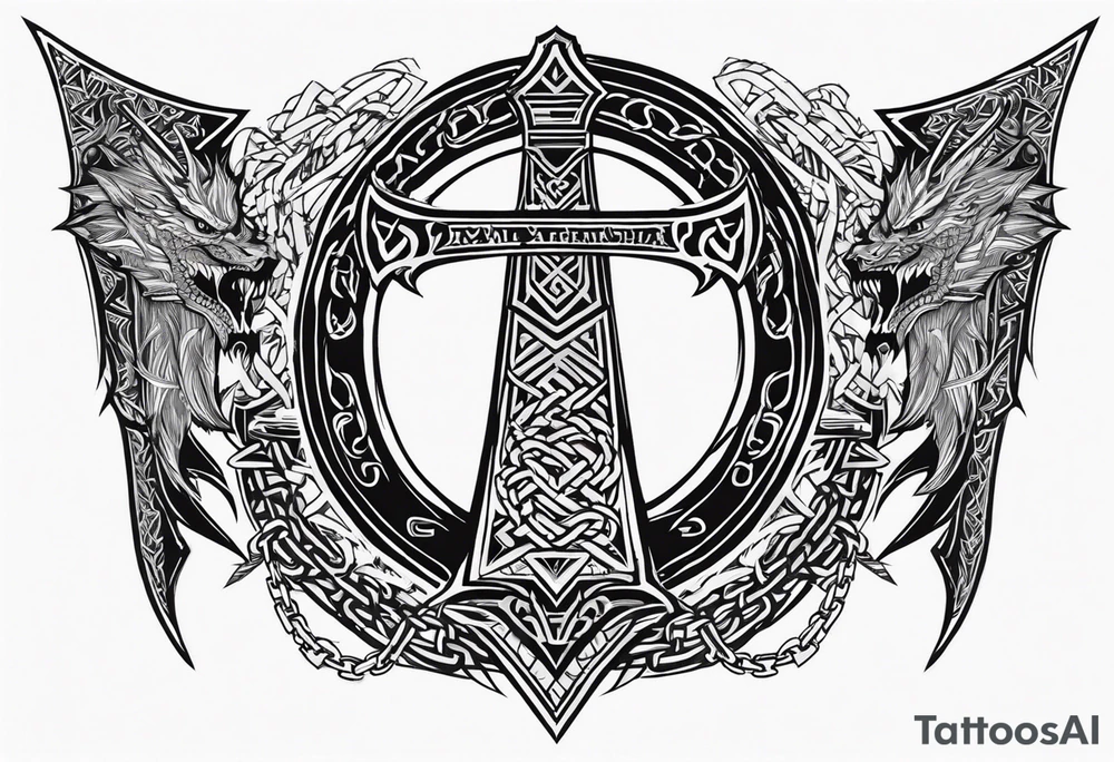 Valhalla sword shield dragon axe Valknut barbed wire chains tribal tattoo idea Valhalla sword shield dragon axe Valknut barbed wire chains tribal tattoo idea
