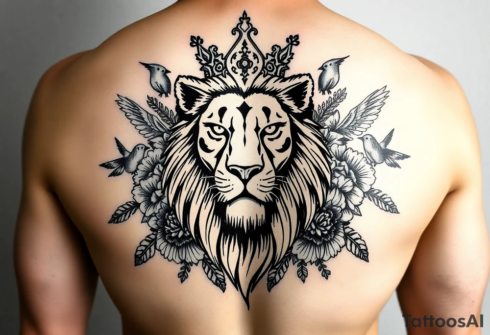 powerful majestic lion with a crown, surrounded by floral ornaments and birds tattoo idea