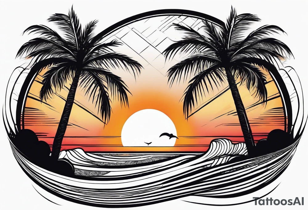 palm tree front of a sunset and waves tattoo idea