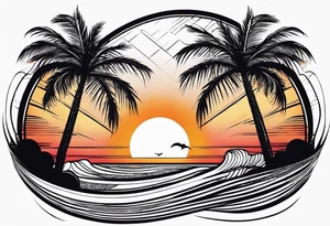 palm tree front of a sunset and waves tattoo idea