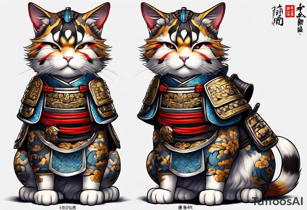 Full body of a cat in samurai armor tattoo idea