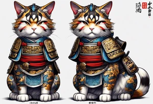 Full body of a cat in samurai armor tattoo idea