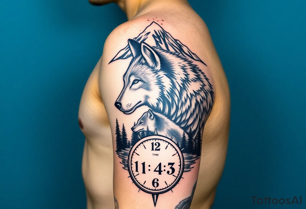 A full sleeve tattoo on left arm. At the top should be a majestic mountain top surrounded by the night sky and stars. Below the mountain top should be a majestic father wolf watching over his son. There should be water showing the reflections of both of the wolves. Beneath the water should be a time clock that shows the time as 1:43. There should be trees to fill in the gaps. tattoo idea