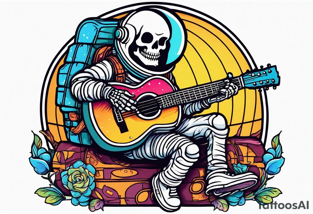 Skeleton astronaut playing acoustic guitar tattoo idea